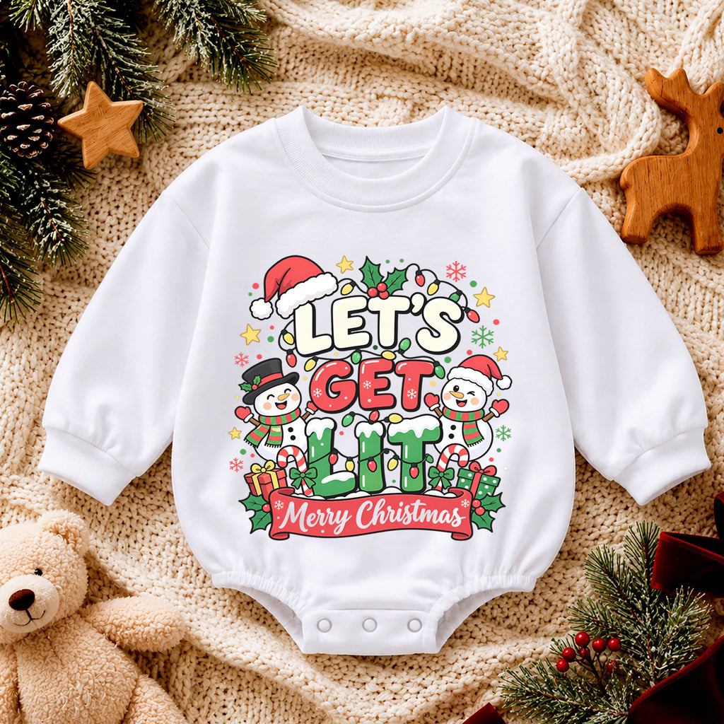 Let's Get Lit Snowman Romper, Merry Christmas Baby Outfit, 1st Christmas Keepsake, 1st Birthday Holiday Gift for Little Baby — product view 4