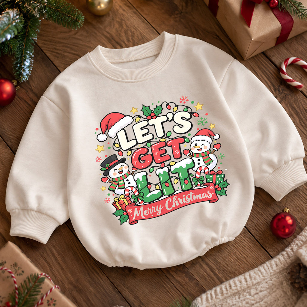 Let's Get Lit Snowman Romper, Merry Christmas Baby Outfit, 1st Christmas Keepsake, 1st Birthday Holiday Gift for Little Baby — product view 5