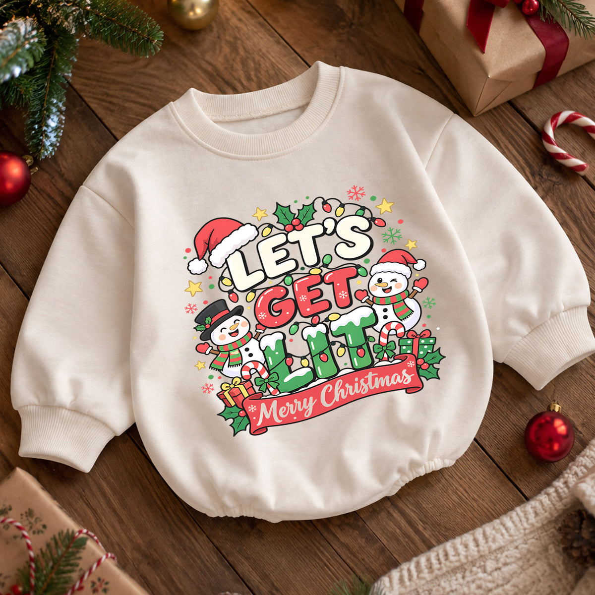 Let's Get Lit Snowman Romper, Merry Christmas Baby Outfit, 1st Christmas Keepsake, 1st Birthday Holiday Gift for Little Baby — product view 5