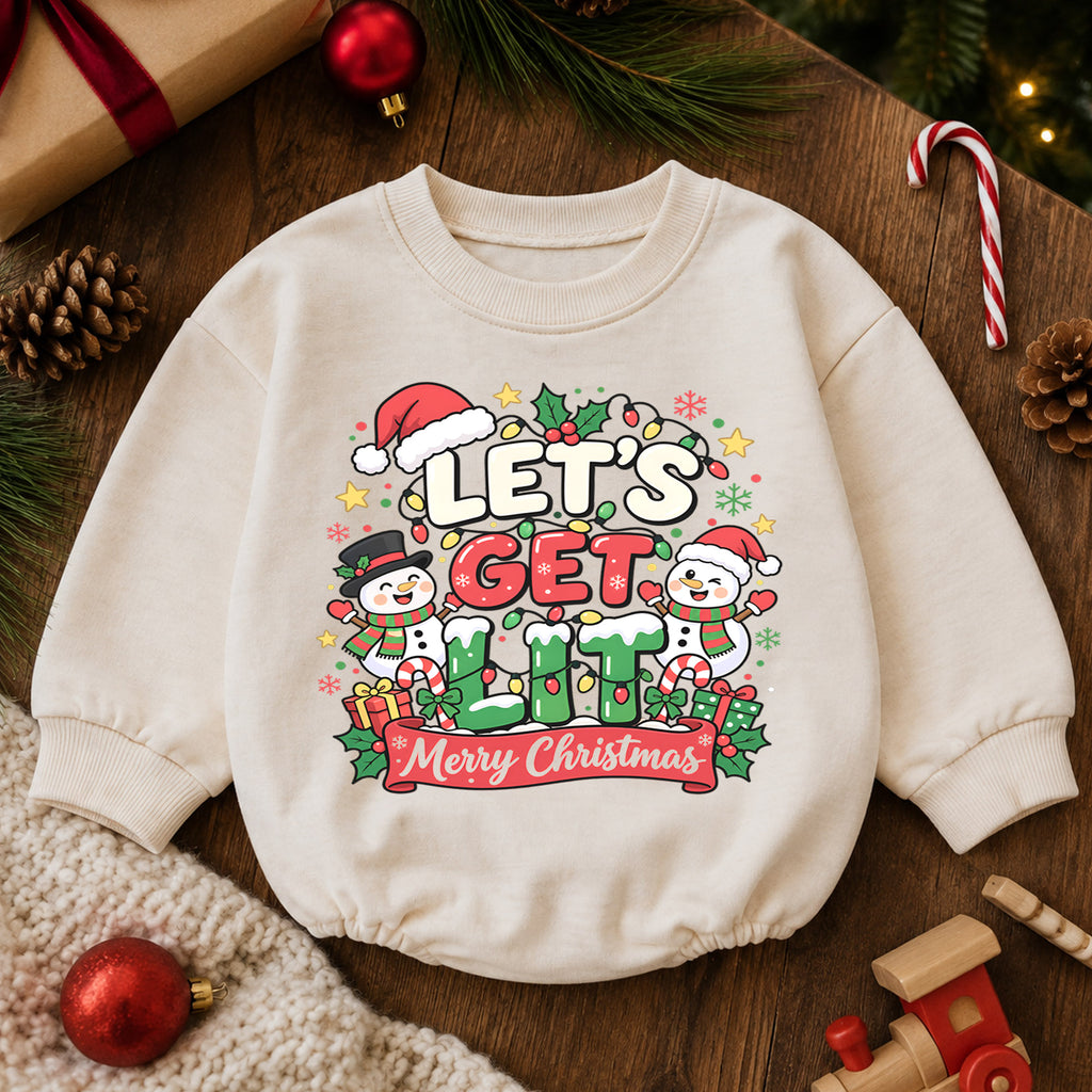 Let's Get Lit Snowman Romper, Merry Christmas Baby Outfit, 1st Christmas Keepsake, 1st Birthday Holiday Gift for Little Baby — product view 6