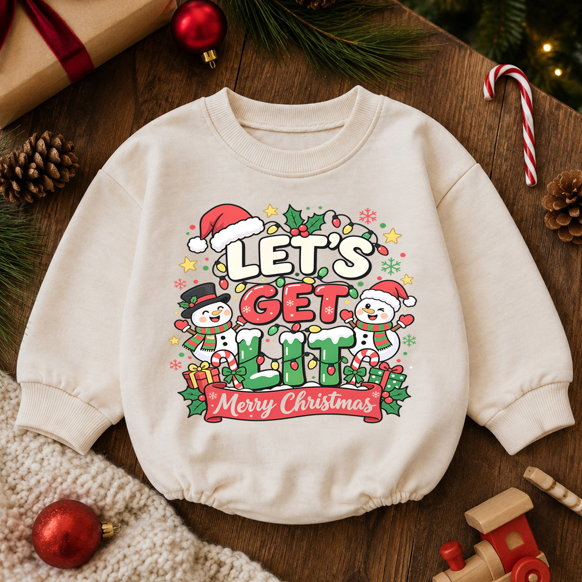 Let's Get Lit Snowman Romper, Merry Christmas Baby Outfit, 1st Christmas Keepsake, 1st Birthday Holiday Gift for Little Baby — product view 6