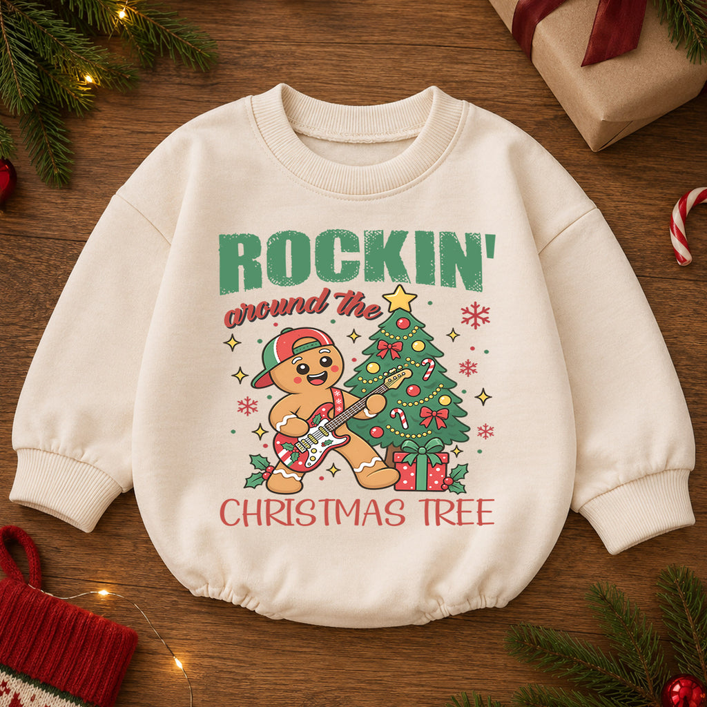 Rockin Around the Christmas Tree Romper, Gingerbread Guitar Baby Outfit, 1st Birthday Gift, Baby 1st Christmas Holiday Keepsake — product view 2
