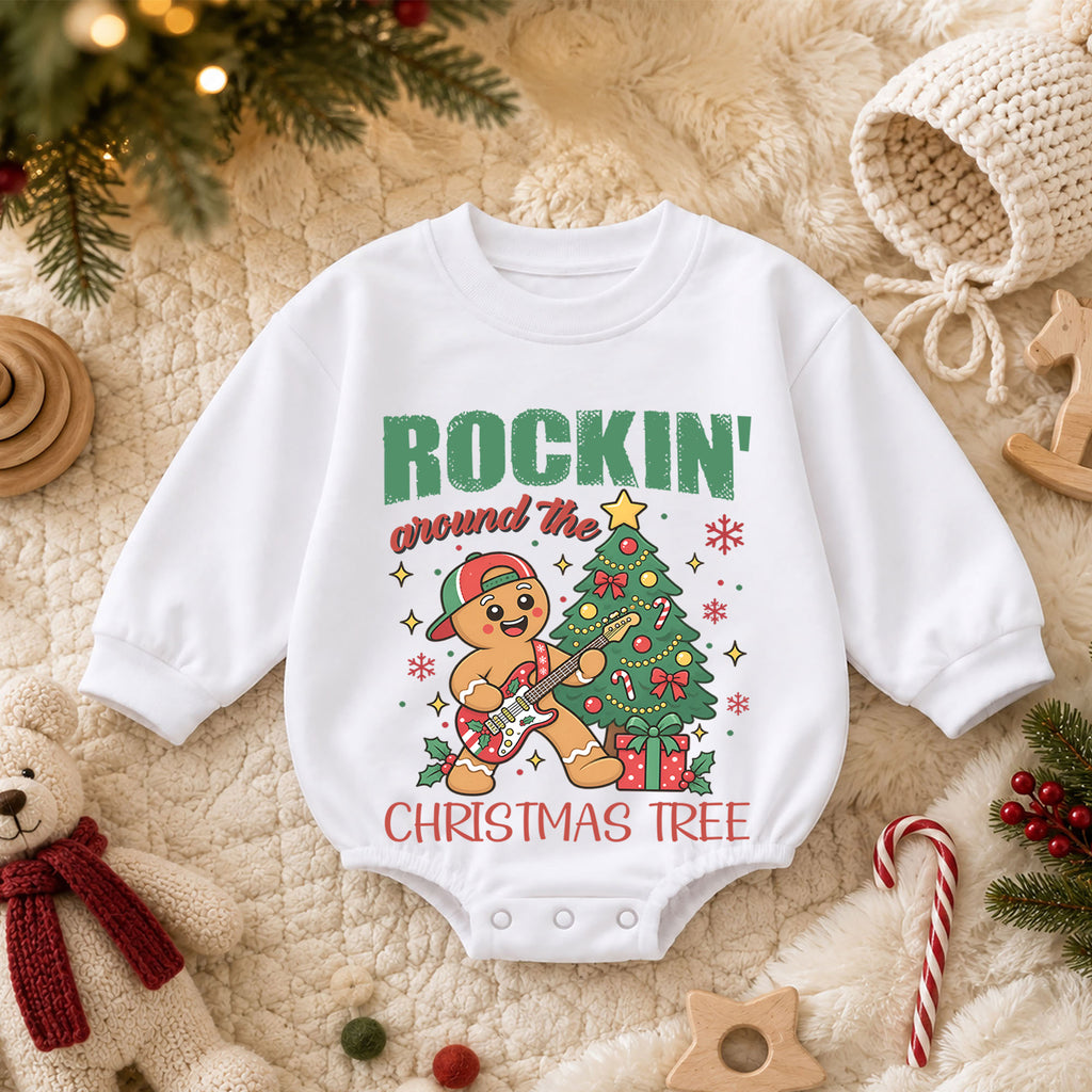 Rockin Around the Christmas Tree Romper, Gingerbread Guitar Baby Outfit, 1st Birthday Gift, Baby 1st Christmas Holiday Keepsake — product view 3