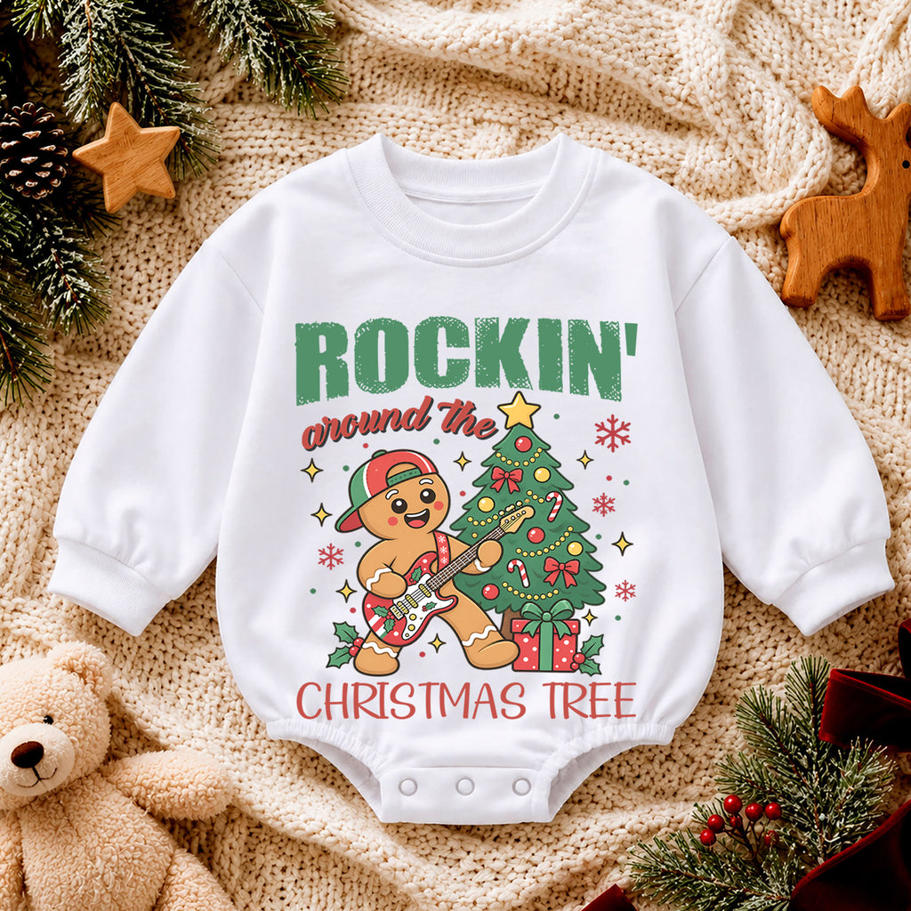 Rockin Around the Christmas Tree Romper, Gingerbread Guitar Baby Outfit, 1st Birthday Gift, Baby 1st Christmas Holiday Keepsake — product view 4