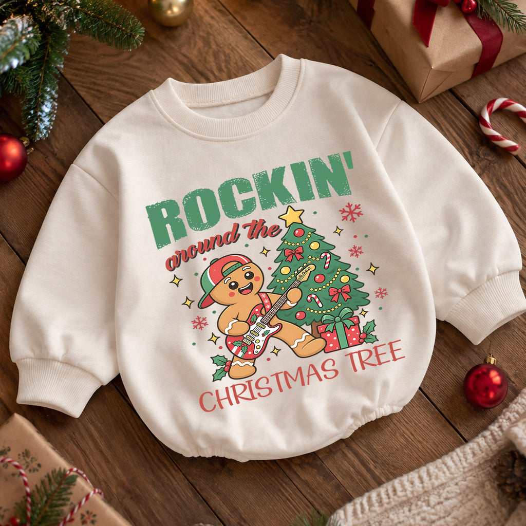 Rockin Around the Christmas Tree Romper, Gingerbread Guitar Baby Outfit, 1st Birthday Gift, Baby 1st Christmas Holiday Keepsake — product view 5