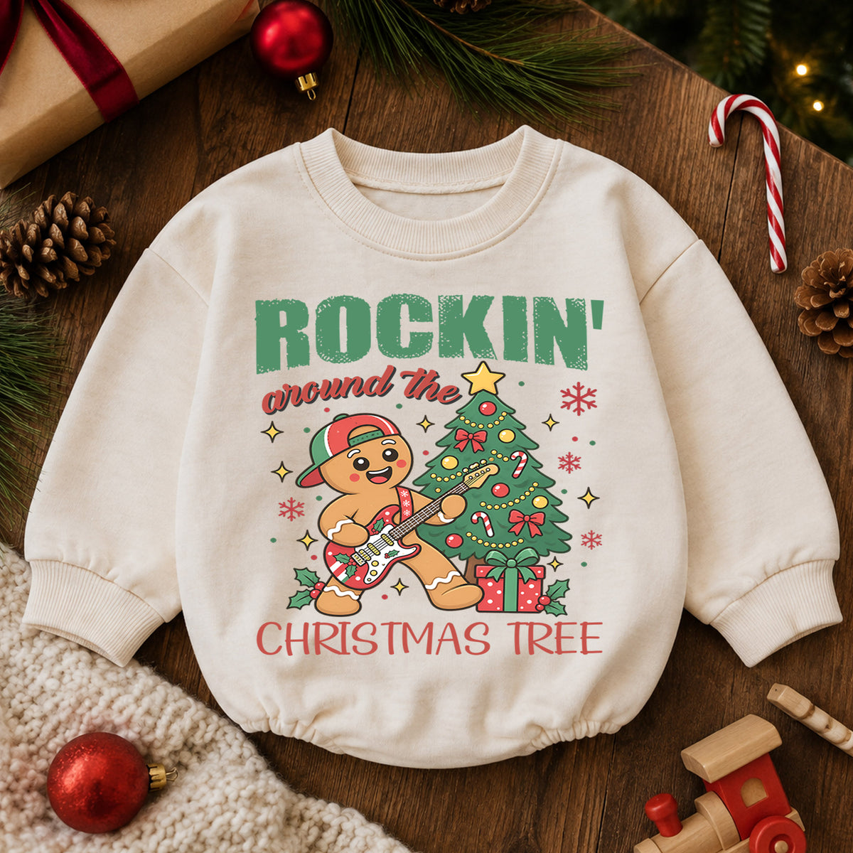 Rockin Around the Christmas Tree Romper, Gingerbread Guitar Baby Outfit, 1st Birthday Gift, Baby 1st Christmas Holiday Keepsake — product view 6