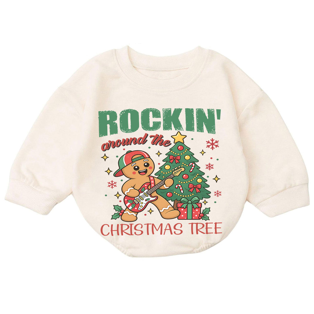 Rockin Around the Christmas Tree Romper, Gingerbread Guitar Baby Outfit, 1st Birthday Gift, Baby 1st Christmas Holiday Keepsake — product view 7