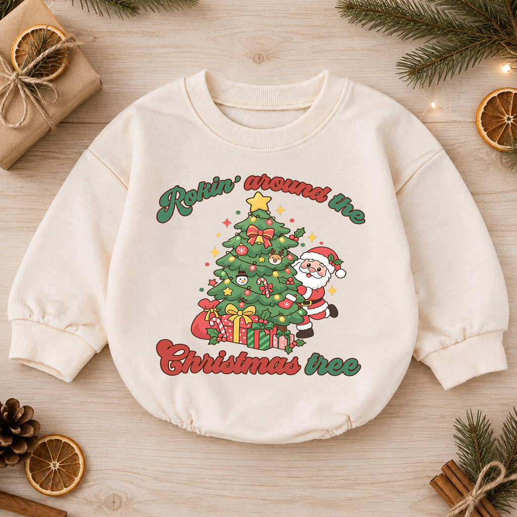 Rockin Around the Christmas Tree Santa Romper, Cute Holiday Baby Outfit, 1st Christmas Keepsake, 1st Birthday Winter Gift — product view 1