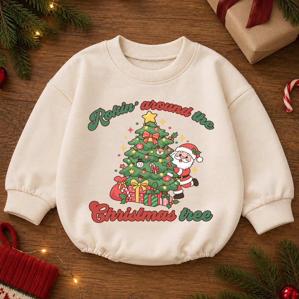 Rockin Around the Christmas Tree Santa Romper, Cute Holiday Baby Outfit, 1st Christmas Keepsake, 1st Birthday Winter Gift — product view 2