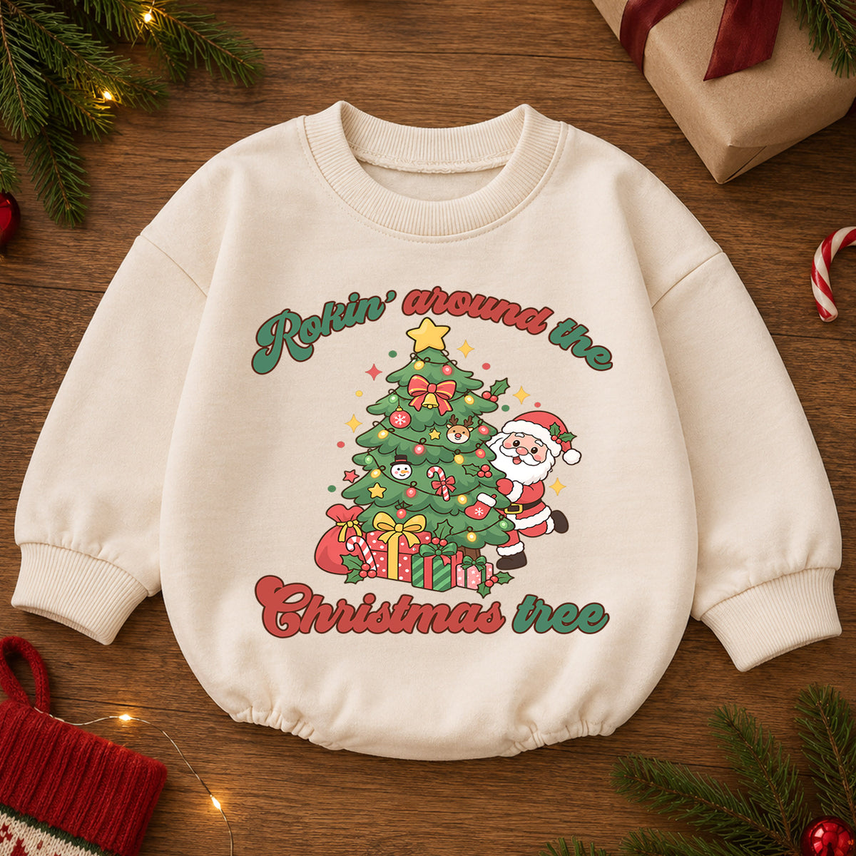 Rockin Around the Christmas Tree Santa Romper, Cute Holiday Baby Outfit, 1st Christmas Keepsake, 1st Birthday Winter Gift — product view 2