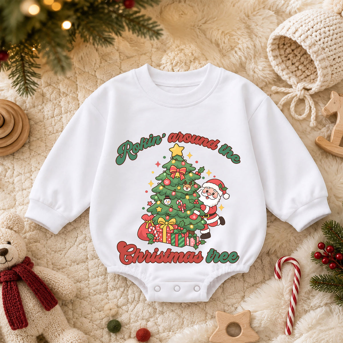 Rockin Around the Christmas Tree Santa Romper, Cute Holiday Baby Outfit, 1st Christmas Keepsake, 1st Birthday Winter Gift — product view 3