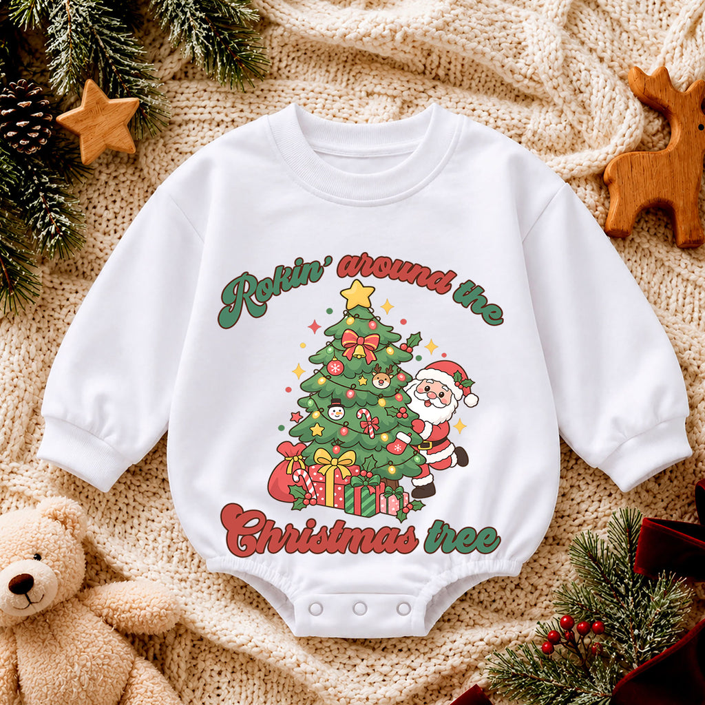 Rockin Around the Christmas Tree Santa Romper, Cute Holiday Baby Outfit, 1st Christmas Keepsake, 1st Birthday Winter Gift — product view 4