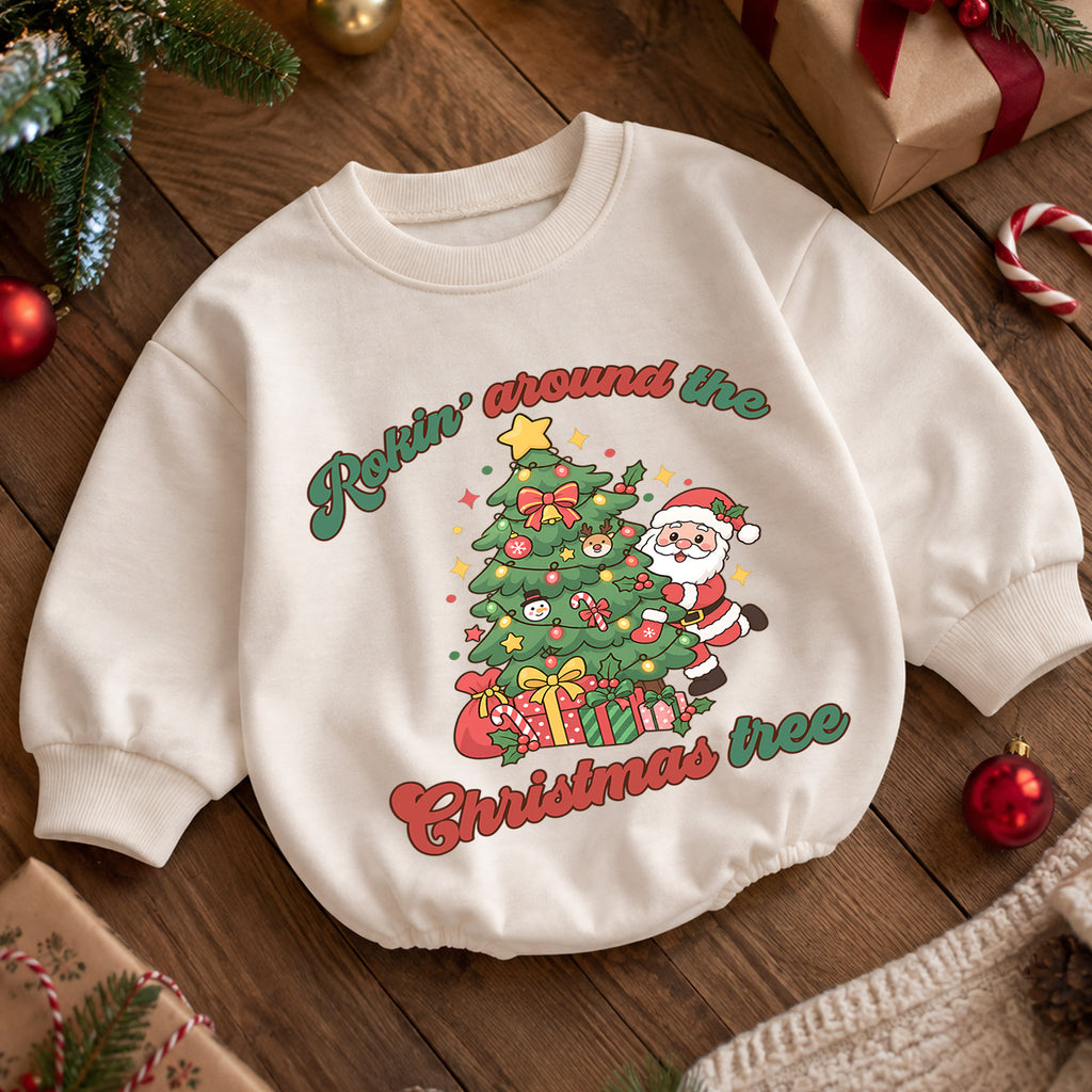 Rockin Around the Christmas Tree Santa Romper, Cute Holiday Baby Outfit, 1st Christmas Keepsake, 1st Birthday Winter Gift — product view 5