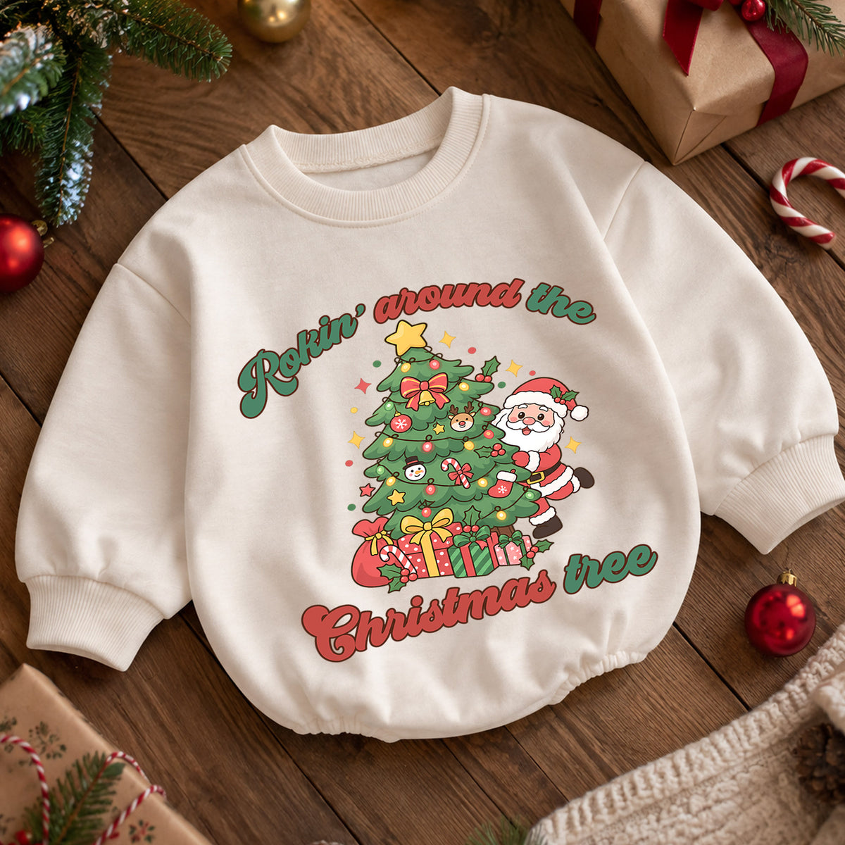 Rockin Around the Christmas Tree Santa Romper, Cute Holiday Baby Outfit, 1st Christmas Keepsake, 1st Birthday Winter Gift — product view 5