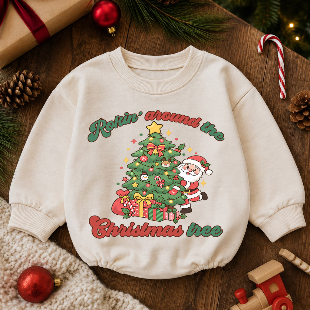 Rockin Around the Christmas Tree Santa Romper, Cute Holiday Baby Outfit, 1st Christmas Keepsake, 1st Birthday Winter Gift — product view 6