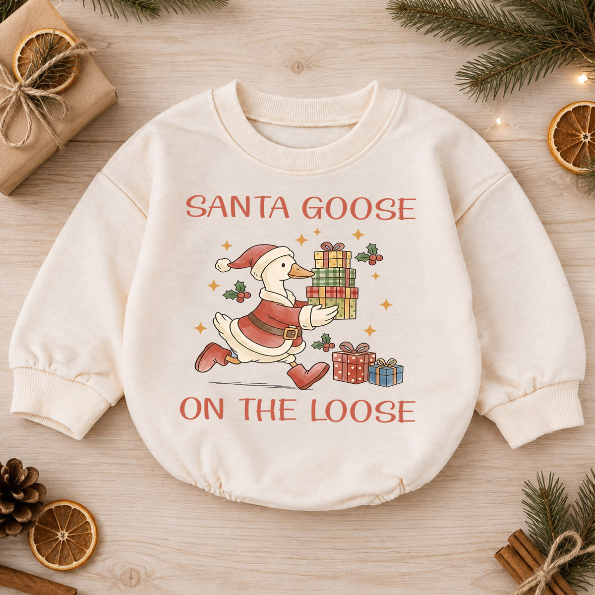 Santa Goose on the Loose Baby Romper, Christmas Goose Gift Outfit, Funny Toddler Holiday Romper, 1st Christmas Gift — product view 1