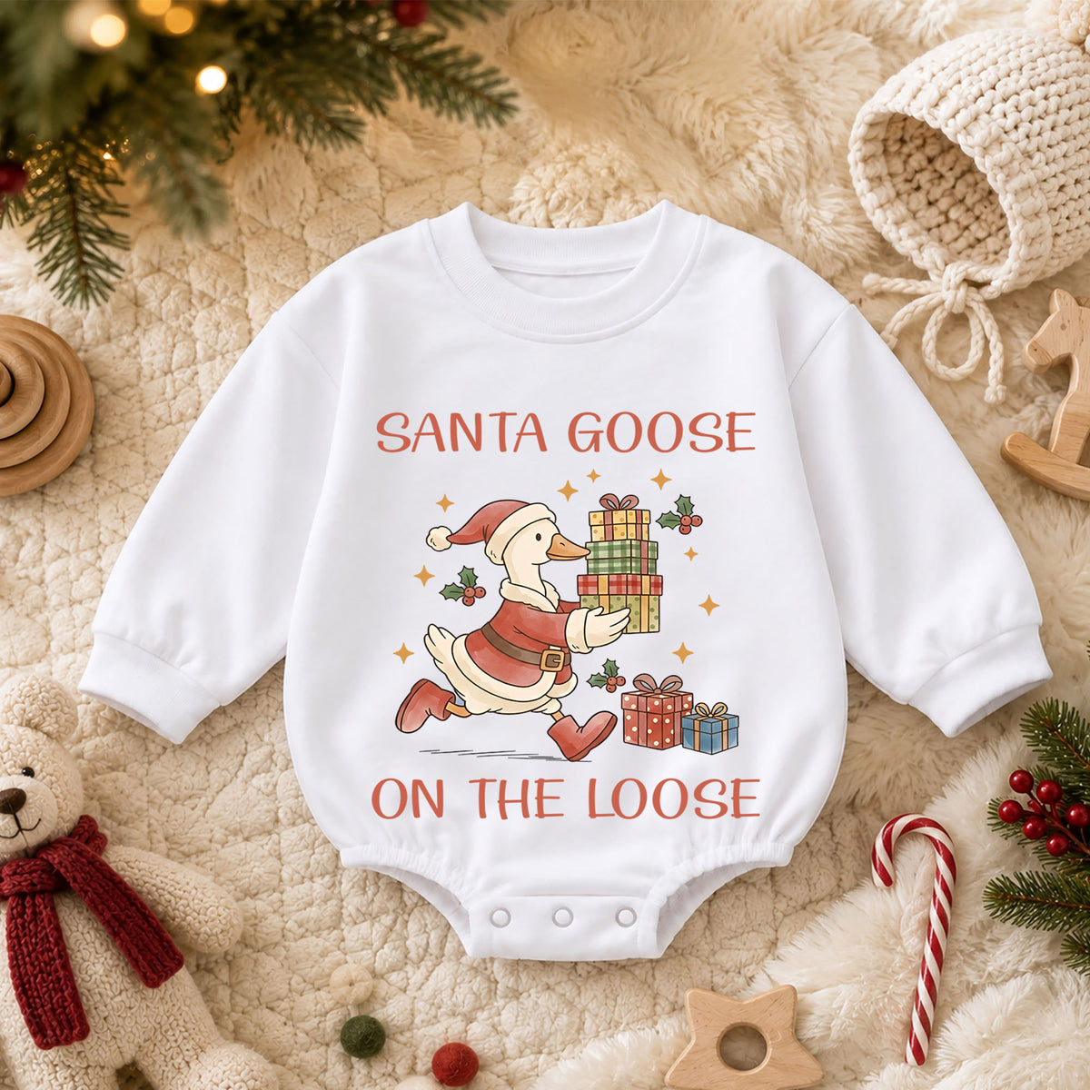 Santa Goose on the Loose Baby Romper, Christmas Goose Gift Outfit, Funny Toddler Holiday Romper, 1st Christmas Gift — product view 3