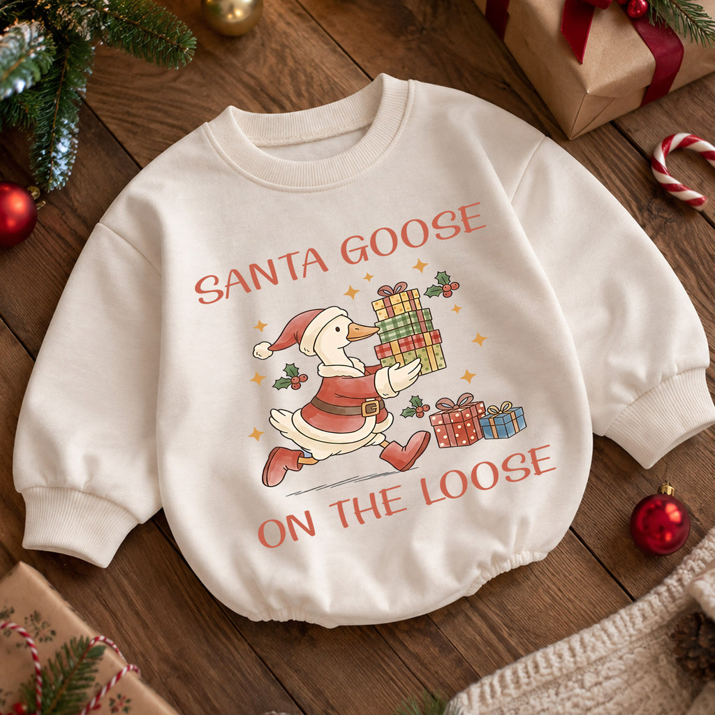 Santa Goose on the Loose Baby Romper, Christmas Goose Gift Outfit, Funny Toddler Holiday Romper, 1st Christmas Gift — product view 5