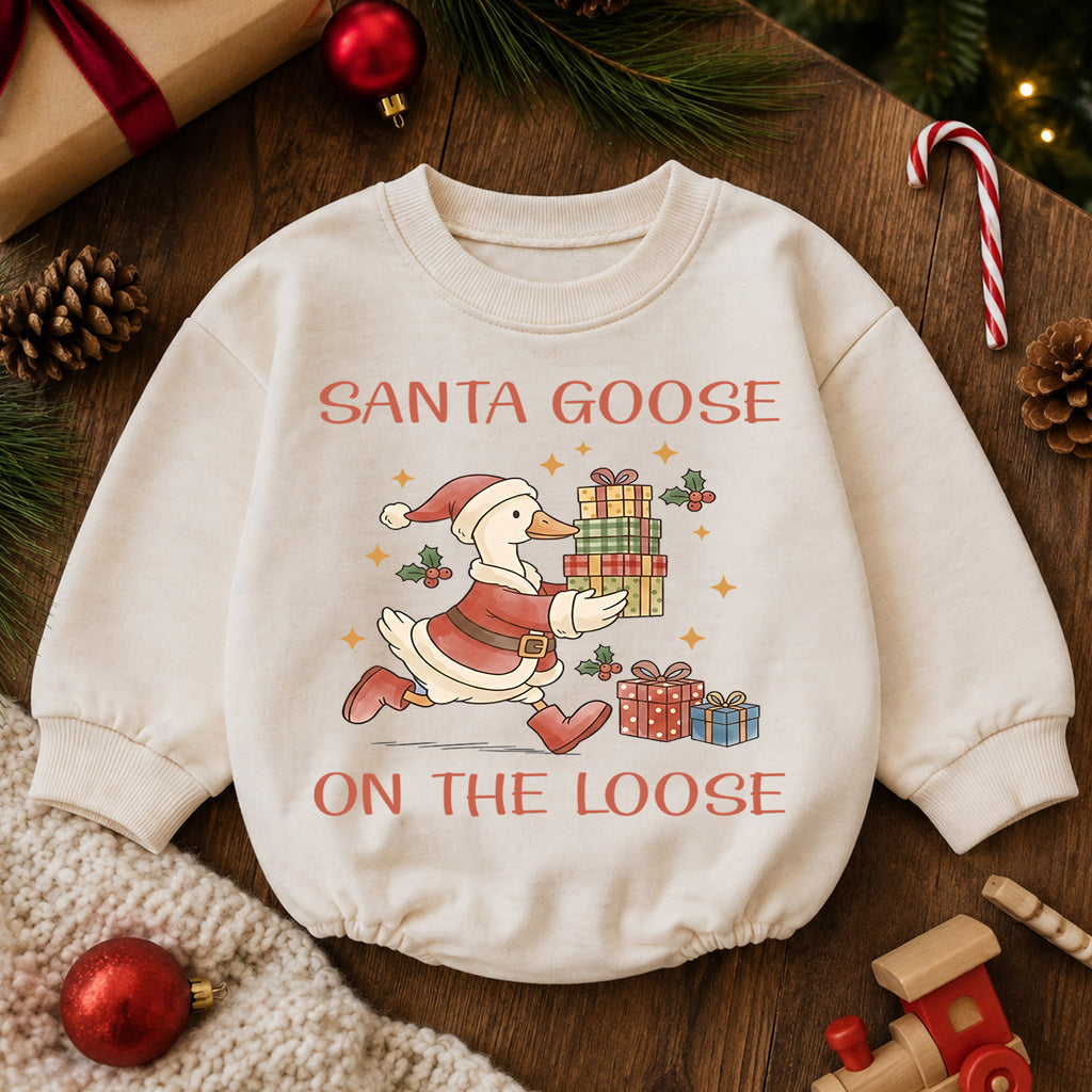 Santa Goose on the Loose Baby Romper, Christmas Goose Gift Outfit, Funny Toddler Holiday Romper, 1st Christmas Gift — product view 6