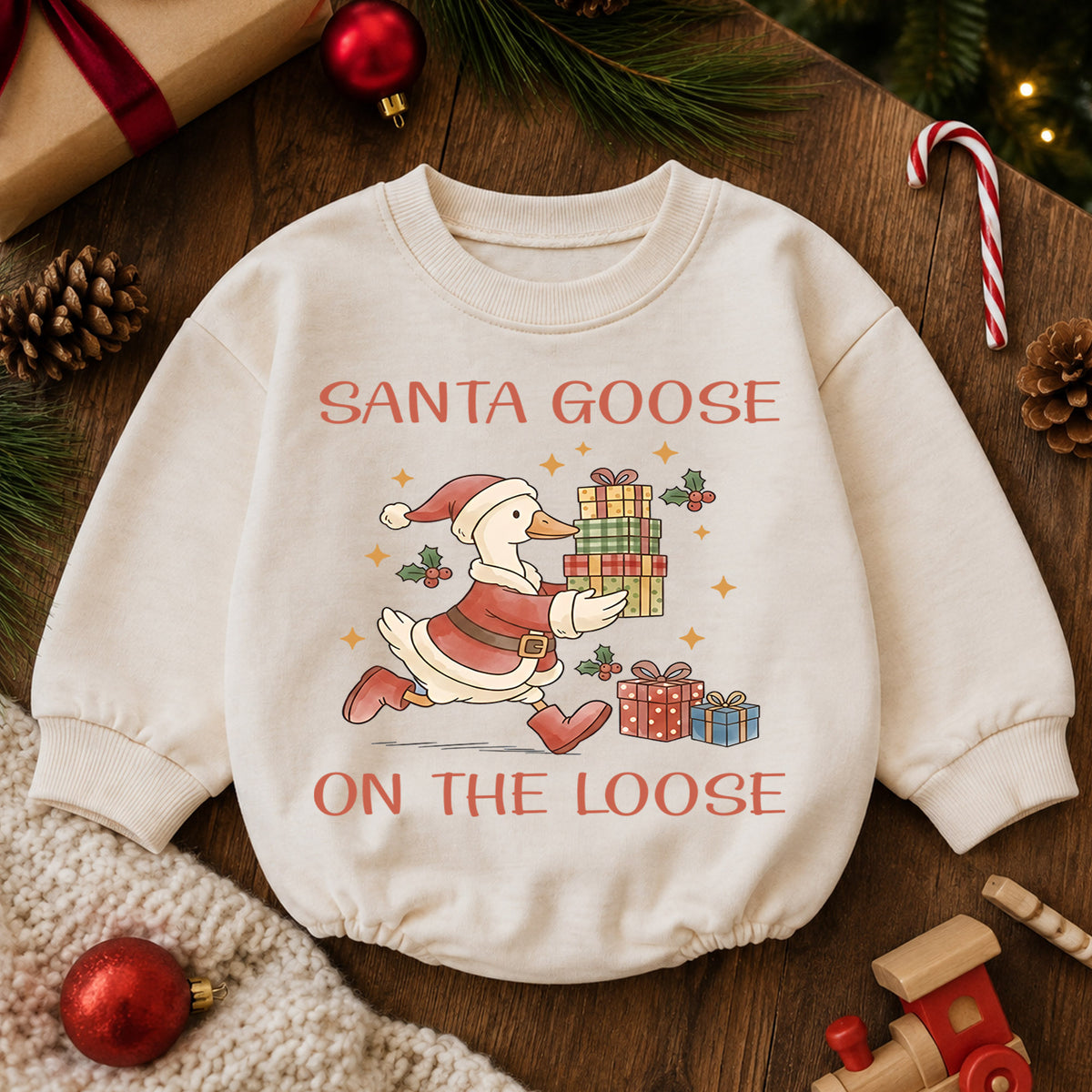 Santa Goose on the Loose Baby Romper, Christmas Goose Gift Outfit, Funny Toddler Holiday Romper, 1st Christmas Gift — product view 6