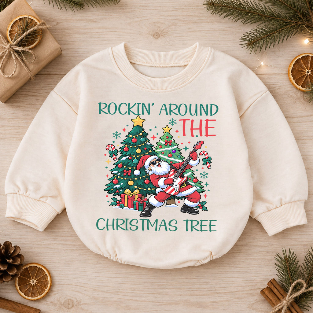 Rockin Around the Christmas Tree Santa Guitar Romper, Holiday Baby Outfit, 1st Birthday Gift, Baby 1st Christmas Keepsake — product view 1