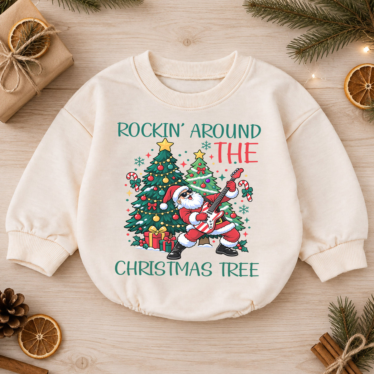 Rockin Around the Christmas Tree Santa Guitar Romper, Holiday Baby Outfit, 1st Birthday Gift, Baby 1st Christmas Keepsake — product view 1