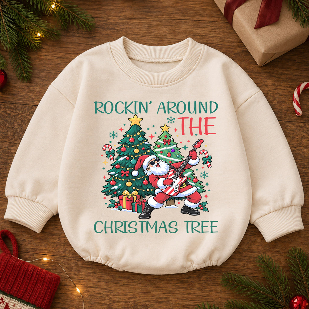 Rockin Around the Christmas Tree Santa Guitar Romper, Holiday Baby Outfit, 1st Birthday Gift, Baby 1st Christmas Keepsake — product view 2