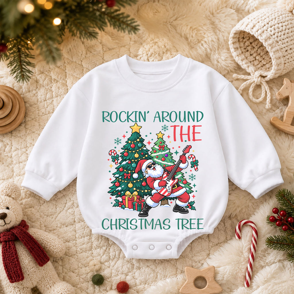 Rockin Around the Christmas Tree Santa Guitar Romper, Holiday Baby Outfit, 1st Birthday Gift, Baby 1st Christmas Keepsake — product view 3