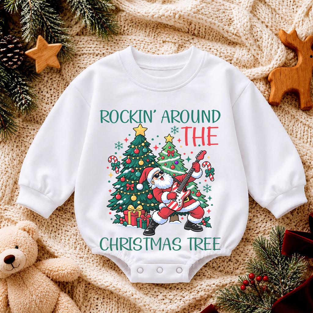 Rockin Around the Christmas Tree Santa Guitar Romper, Holiday Baby Outfit, 1st Birthday Gift, Baby 1st Christmas Keepsake — product view 4