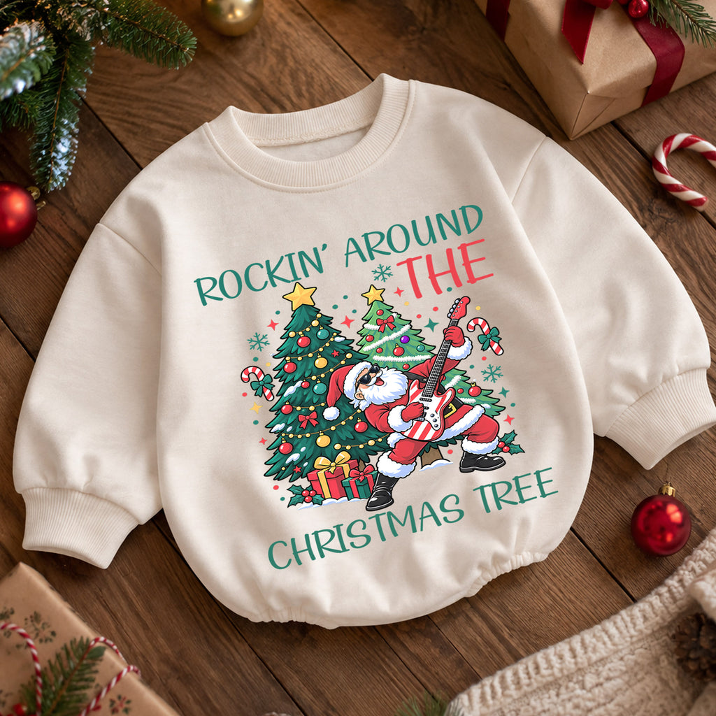 Rockin Around the Christmas Tree Santa Guitar Romper, Holiday Baby Outfit, 1st Birthday Gift, Baby 1st Christmas Keepsake — product view 5