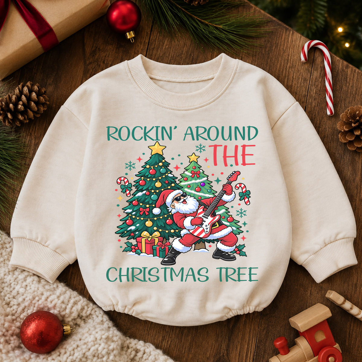 Rockin Around the Christmas Tree Santa Guitar Romper, Holiday Baby Outfit, 1st Birthday Gift, Baby 1st Christmas Keepsake — product view 6