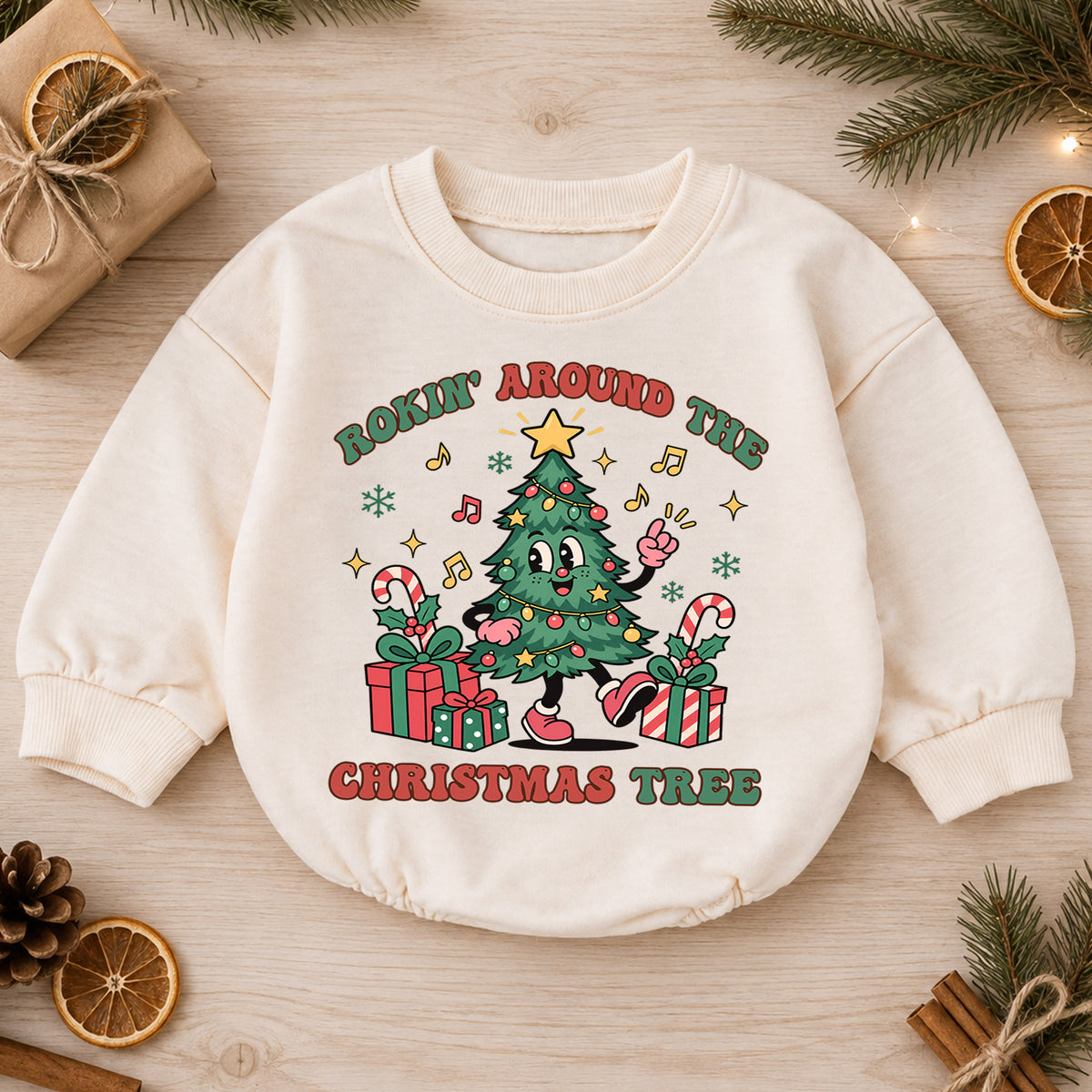 Rockin Around the Christmas Tree Baby Romper, Dancing Tree Holiday Outfit, 1st Christmas Gift, 1st Birthday Xmas Keepsake for Baby — product view 1