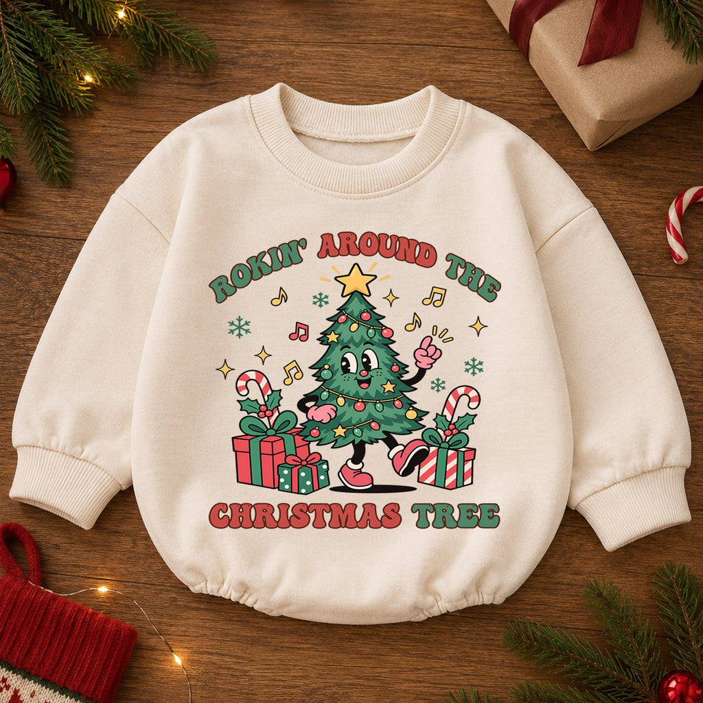 Rockin Around the Christmas Tree Baby Romper, Dancing Tree Holiday Outfit, 1st Christmas Gift, 1st Birthday Xmas Keepsake for Baby — product view 2