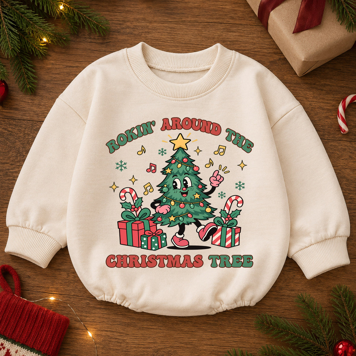 Rockin Around the Christmas Tree Baby Romper, Dancing Tree Holiday Outfit, 1st Christmas Gift, 1st Birthday Xmas Keepsake for Baby — product view 2