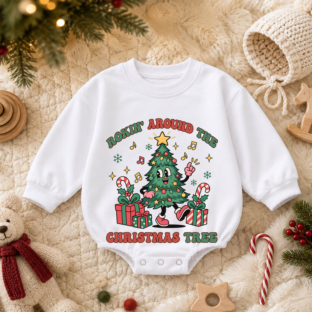 Rockin Around the Christmas Tree Baby Romper, Dancing Tree Holiday Outfit, 1st Christmas Gift, 1st Birthday Xmas Keepsake for Baby — product view 3