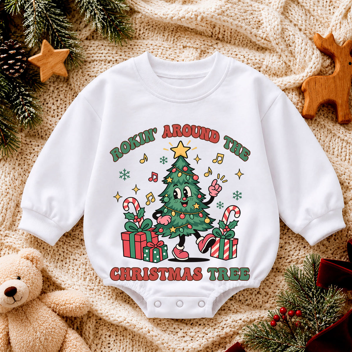 Rockin Around the Christmas Tree Baby Romper, Dancing Tree Holiday Outfit, 1st Christmas Gift, 1st Birthday Xmas Keepsake for Baby — product view 4