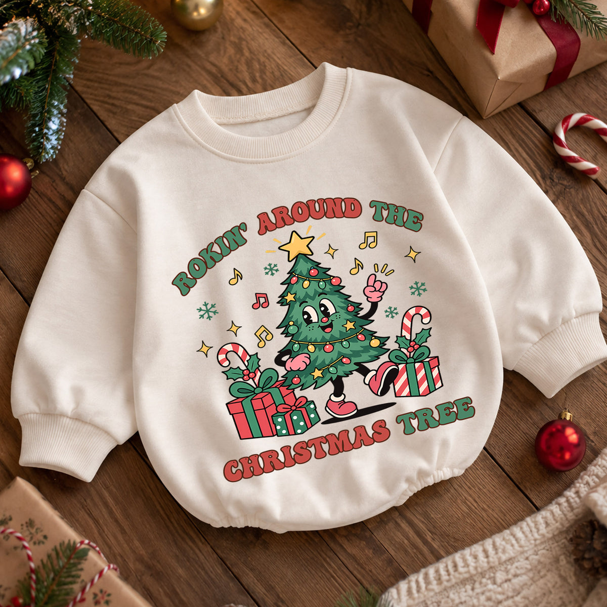 Rockin Around the Christmas Tree Baby Romper, Dancing Tree Holiday Outfit, 1st Christmas Gift, 1st Birthday Xmas Keepsake for Baby — product view 5