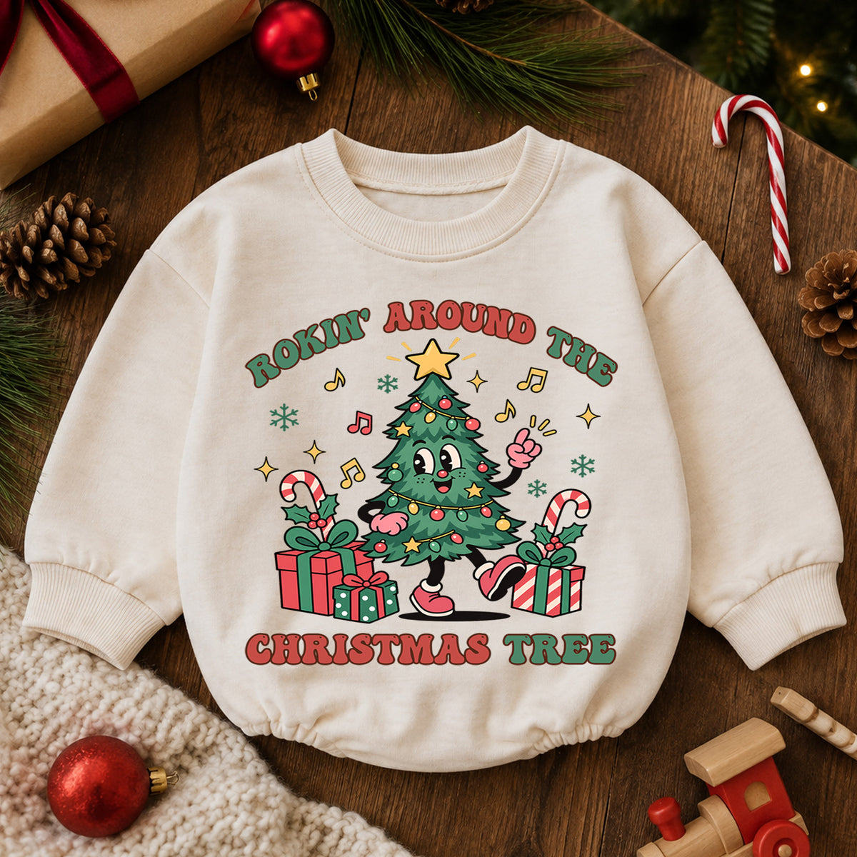 Rockin Around the Christmas Tree Baby Romper, Dancing Tree Holiday Outfit, 1st Christmas Gift, 1st Birthday Xmas Keepsake for Baby — product view 6
