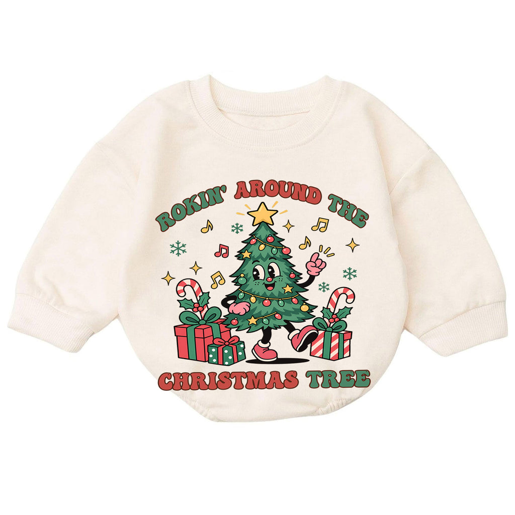 Rockin Around the Christmas Tree Baby Romper, Dancing Tree Holiday Outfit, 1st Christmas Gift, 1st Birthday Xmas Keepsake for Baby — product view 7