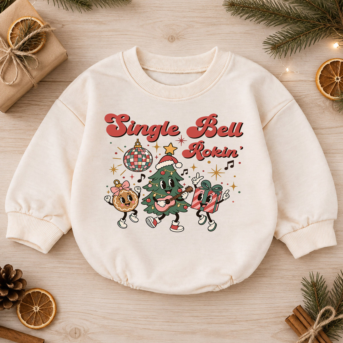 Jingle Bell Rockin Christmas Romper, Retro Holiday Character Baby Outfit, 1st Birthday Gift, Baby 1st Christmas Keepsake — product view 1