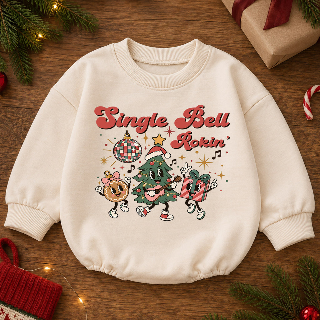 Jingle Bell Rockin Christmas Romper, Retro Holiday Character Baby Outfit, 1st Birthday Gift, Baby 1st Christmas Keepsake — product view 2