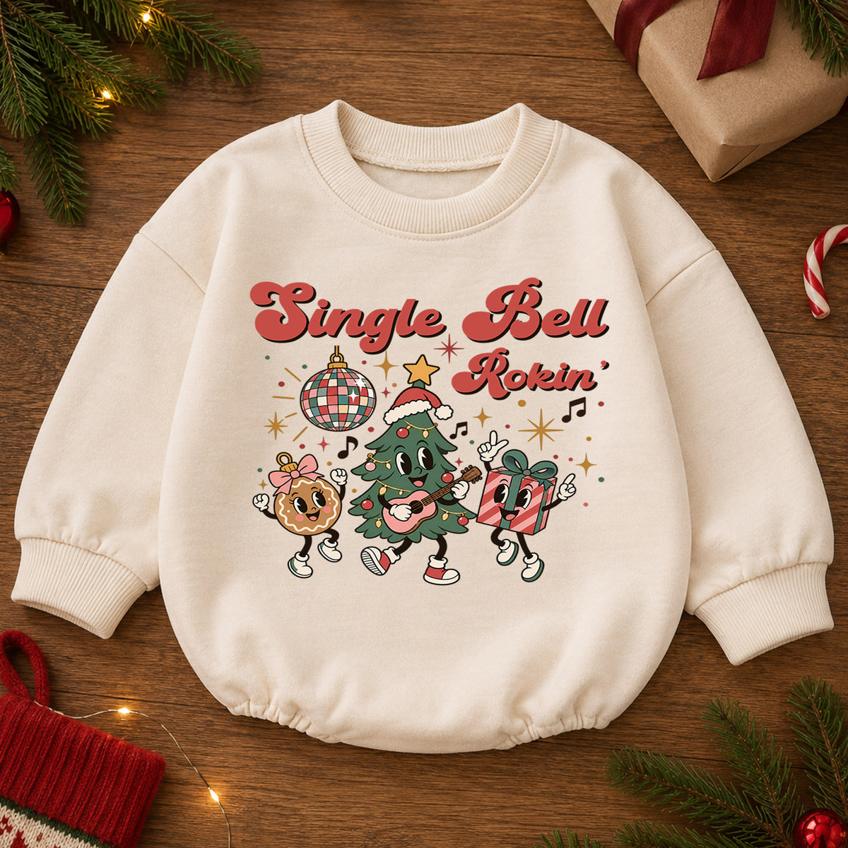 Jingle Bell Rockin Christmas Romper, Retro Holiday Character Baby Outfit, 1st Birthday Gift, Baby 1st Christmas Keepsake — product view 2