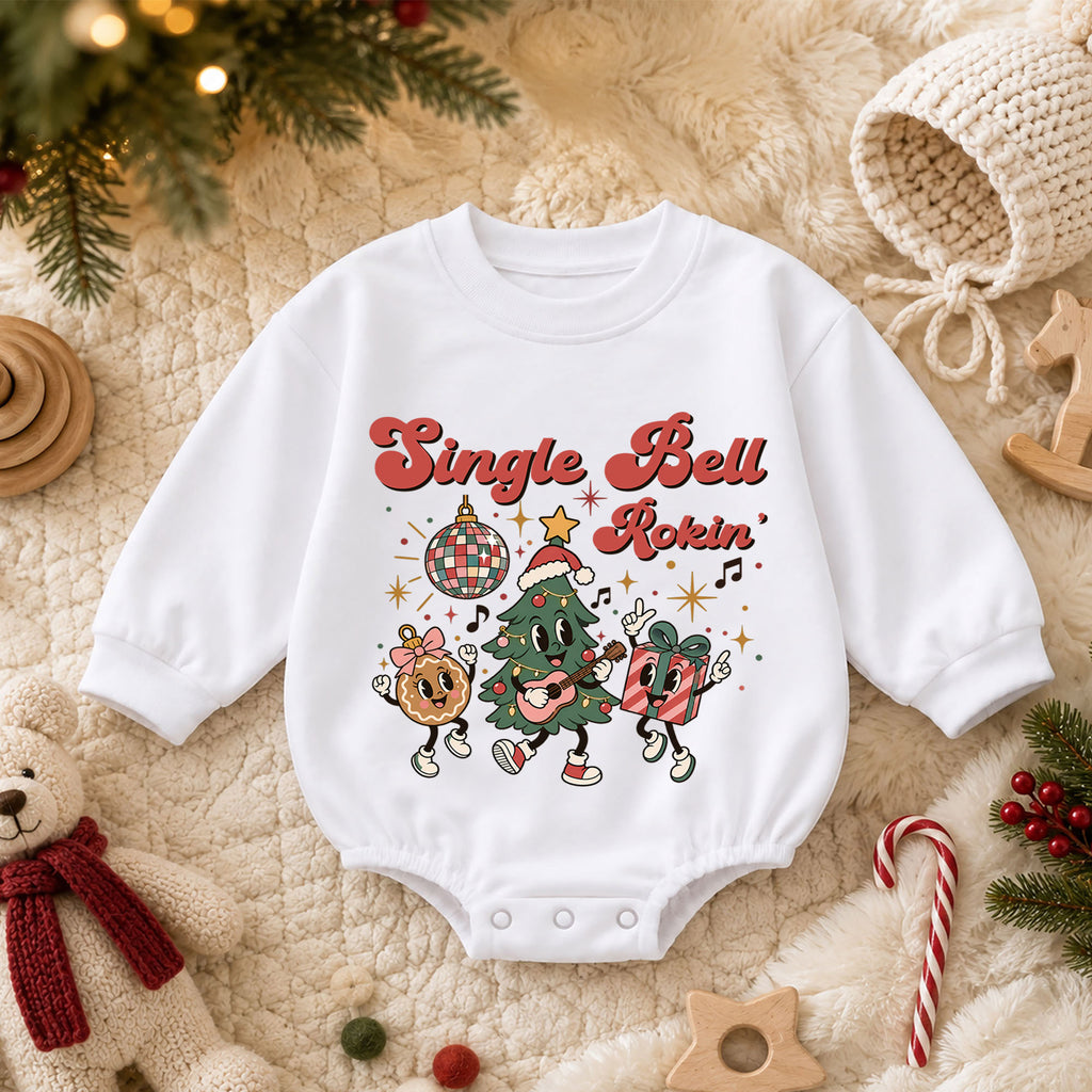 Jingle Bell Rockin Christmas Romper, Retro Holiday Character Baby Outfit, 1st Birthday Gift, Baby 1st Christmas Keepsake — product view 3