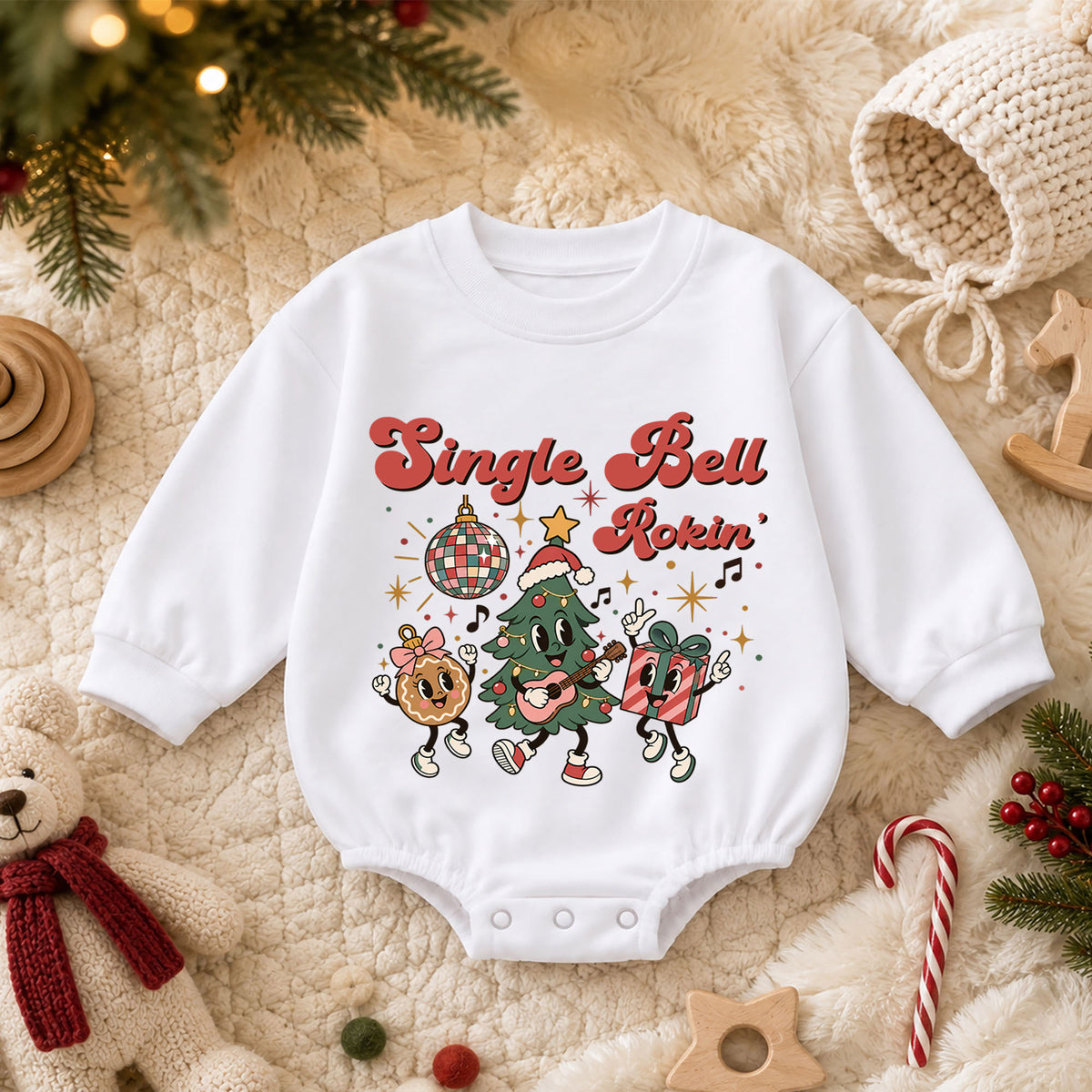 Jingle Bell Rockin Christmas Romper, Retro Holiday Character Baby Outfit, 1st Birthday Gift, Baby 1st Christmas Keepsake — product view 3