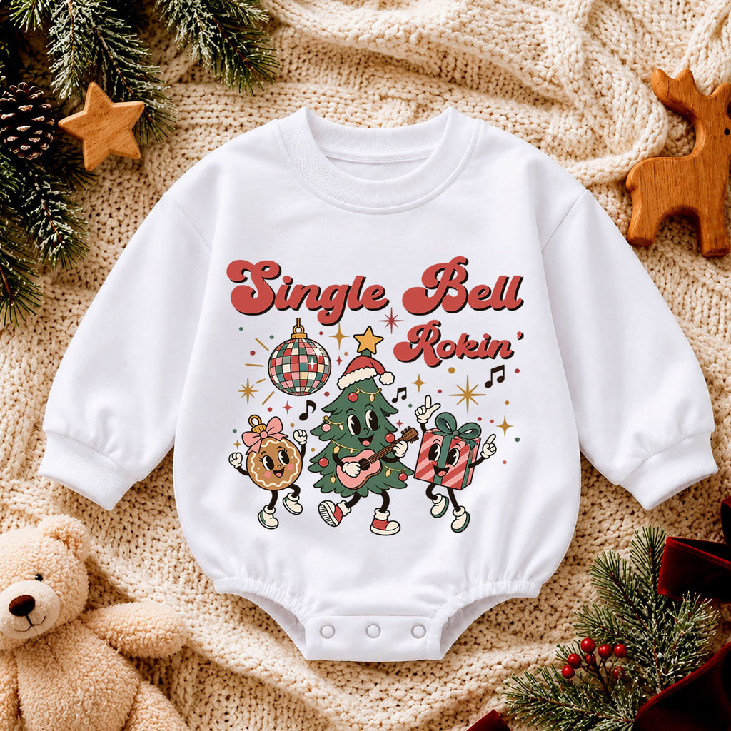 Jingle Bell Rockin Christmas Romper, Retro Holiday Character Baby Outfit, 1st Birthday Gift, Baby 1st Christmas Keepsake — product view 4