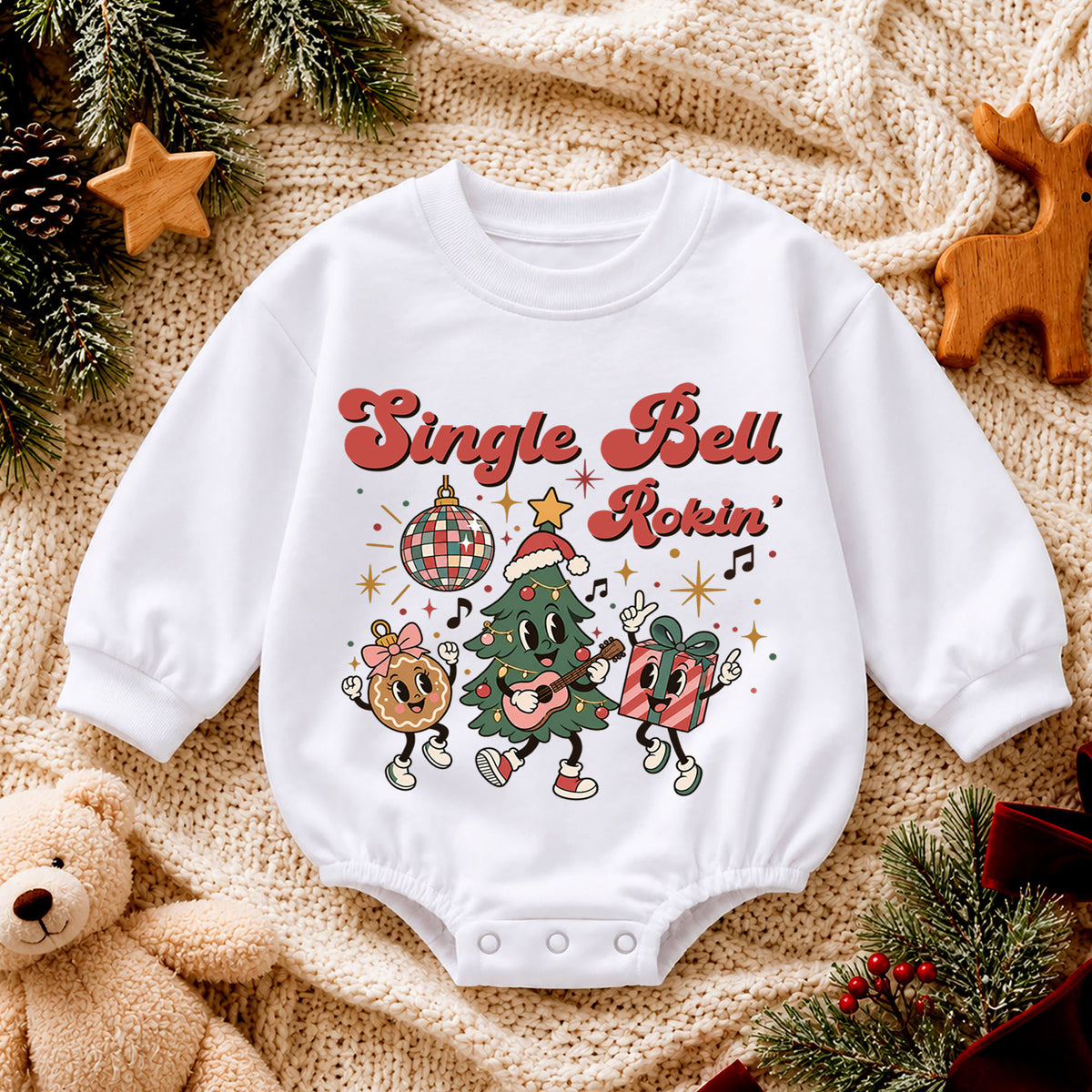 Jingle Bell Rockin Christmas Romper, Retro Holiday Character Baby Outfit, 1st Birthday Gift, Baby 1st Christmas Keepsake — product view 4