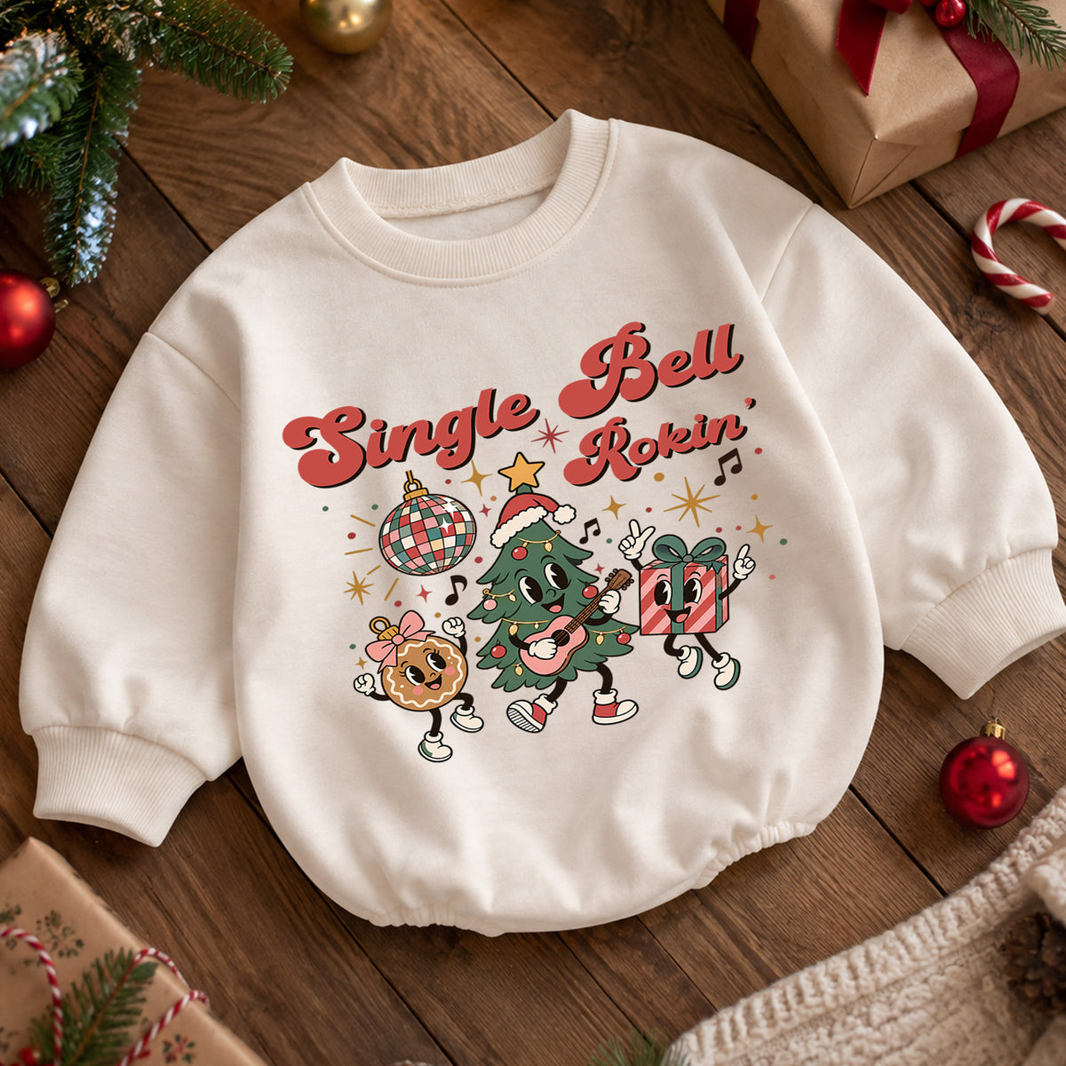 Jingle Bell Rockin Christmas Romper, Retro Holiday Character Baby Outfit, 1st Birthday Gift, Baby 1st Christmas Keepsake — product view 5
