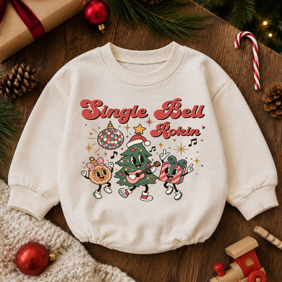 Jingle Bell Rockin Christmas Romper, Retro Holiday Character Baby Outfit, 1st Birthday Gift, Baby 1st Christmas Keepsake — product view 6