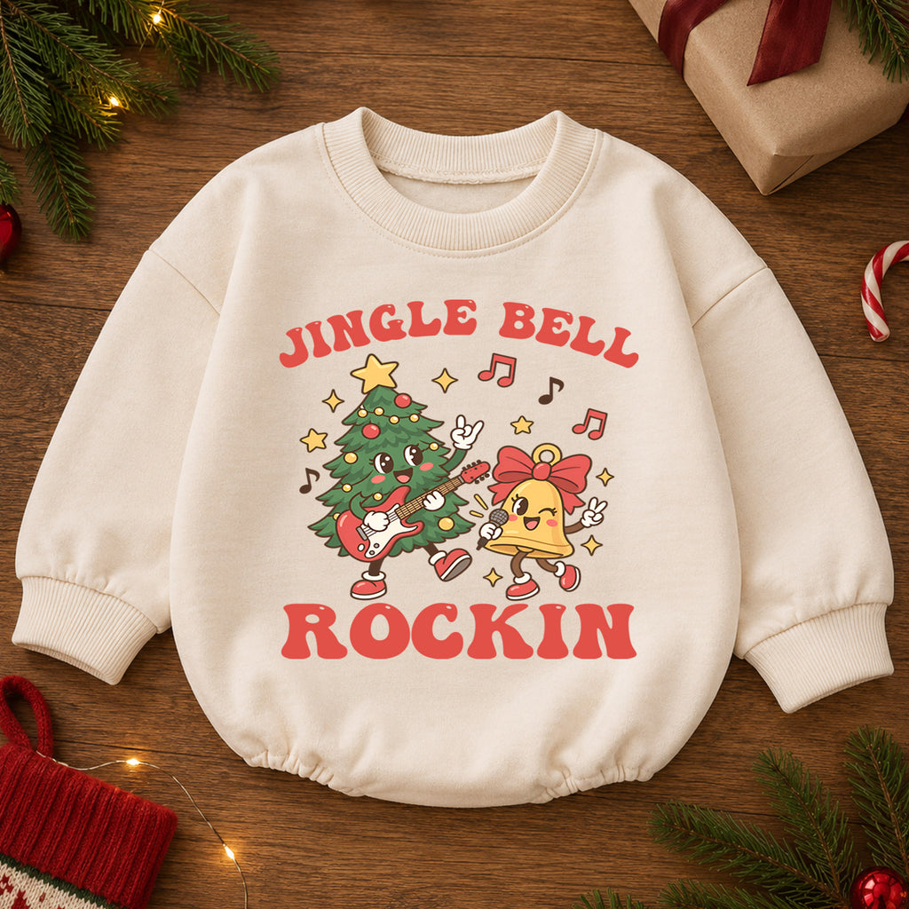 Jingle Bell Rockin Tree Romper, Christmas Guitar Baby Outfit, 1st Christmas Gift, 1st Birthday Holiday Keepsake for Little Baby — product view 2