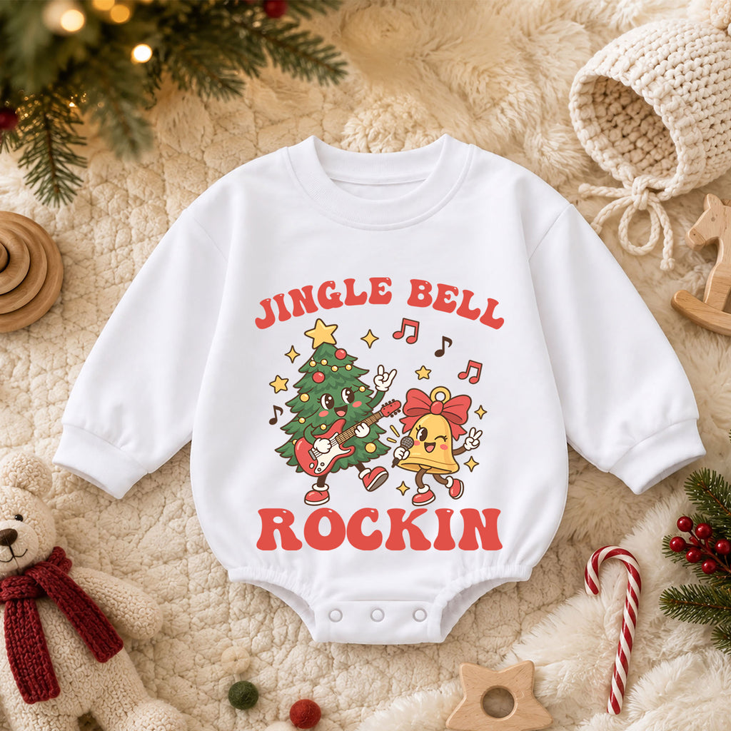 Jingle Bell Rockin Tree Romper, Christmas Guitar Baby Outfit, 1st Christmas Gift, 1st Birthday Holiday Keepsake for Little Baby — product view 3